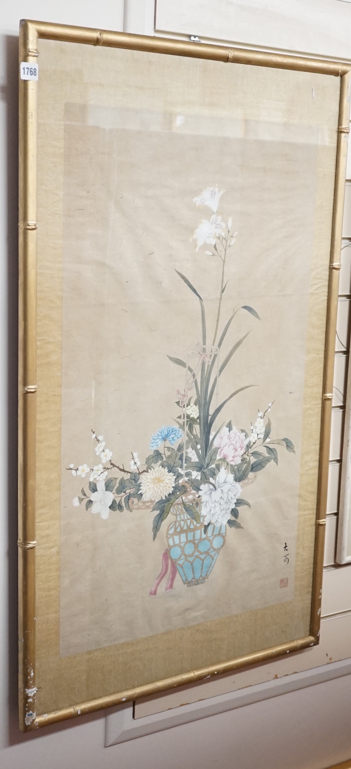 Chinese School, gouache and watercolour on paper, Still life of flowers in a hanging basket, signed, 82 x 46cm